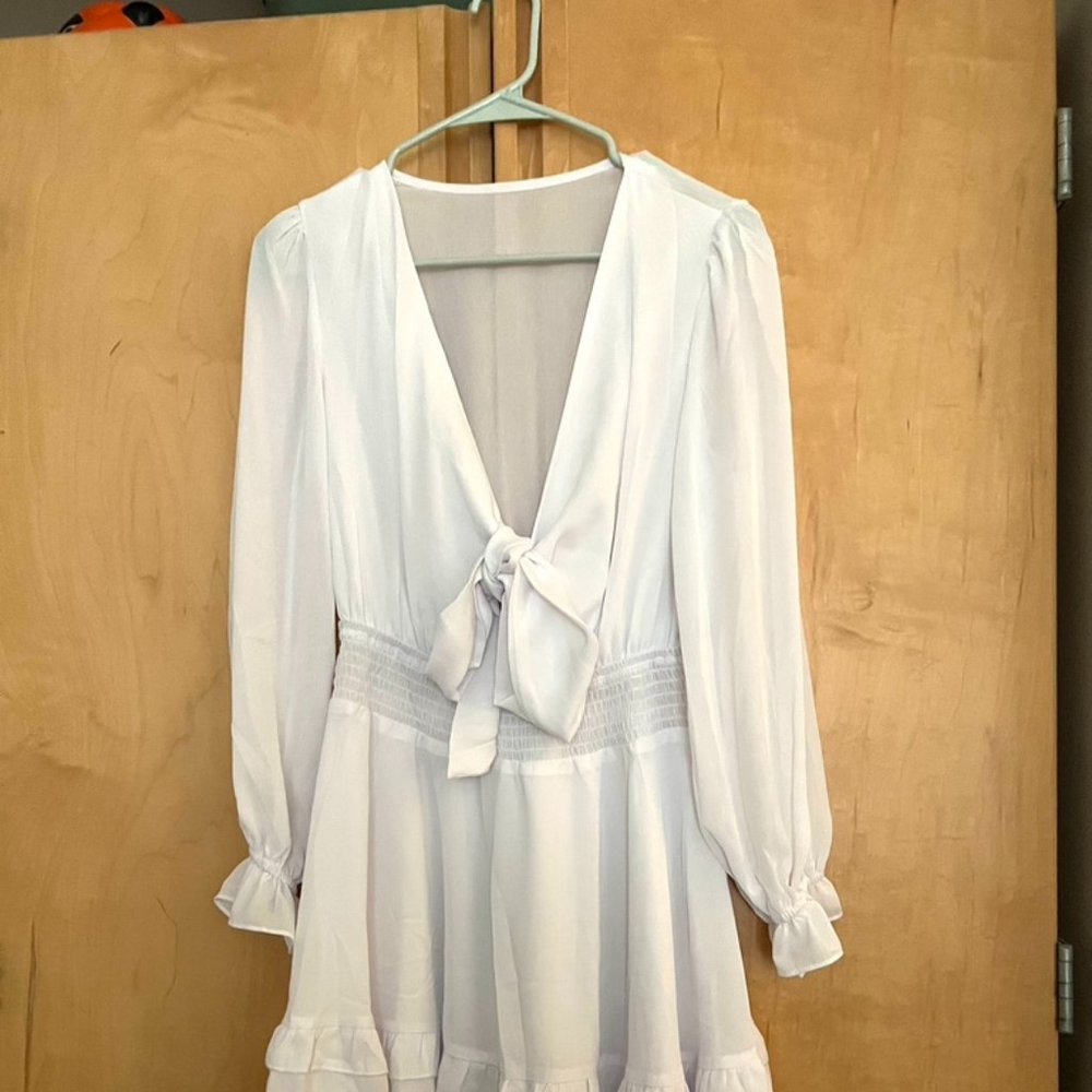 White Low- cut V- Neck Long Sleeve Dress